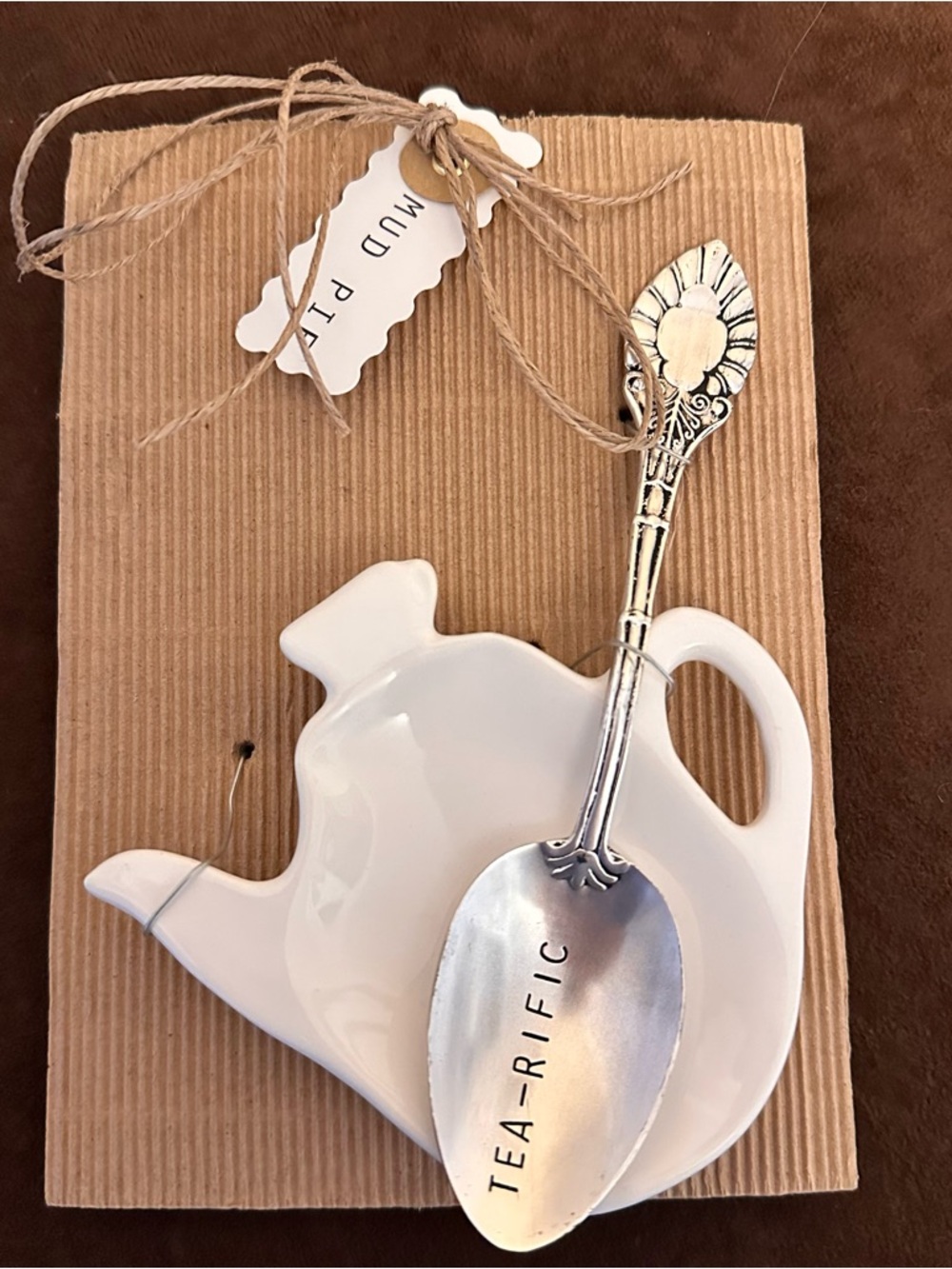 Mud Pie 'Tea-rific' Engraved Silver Tea Spoon with White Teapot Spoon Rest